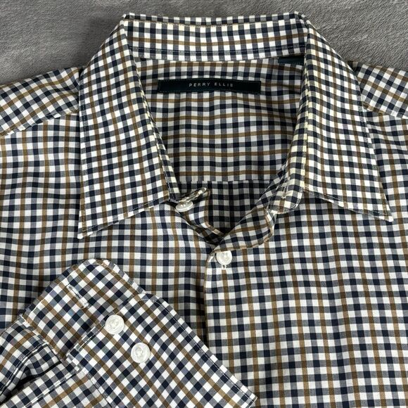 Perry Ellis Shirt Mens Medium Blue Brown‎ Check Long Sleeve 100% Cotton - Picture 1 of 12